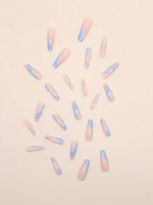 Elevate Your Style with 24pcs Long Square Blue French Smudged Color Block Striped Fake Nail & 1sheet Tape & 1pc Nail File - Multicolor - View 5