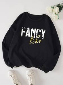 SHEIN LUNE Plus Letter Graphic Thermal Lined Sweatshirt - Black - View 1