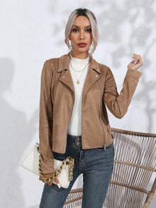 RELISH NOLESS Zip Up Solid Biker Jacket - Camel - View 5