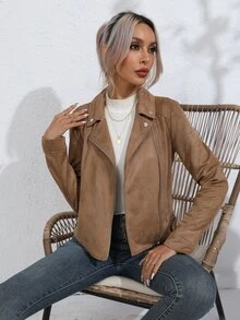 RELISH NOLESS Zip Up Solid Biker Jacket - Camel - View 7