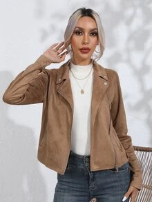 RELISH NOLESS Zip Up Solid Biker Jacket - Camel - View 8