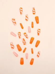 24入組長棺材形狀橘色實色條紋拼色假指甲，1入組指甲檔案和1片貼紙式貼上指甲，指甲用品 - 彩色 - 查看 2