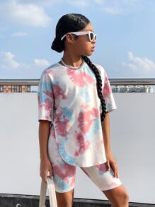 SHEIN Leap Crew Tween Girl Tie Dye Drop Shoulder Tee & Biker Shorts - Multicolor - View 1