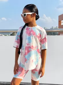 SHEIN Leap Crew Tween Girl Tie Dye Drop Shoulder Tee & Biker Shorts - Multicolor - View 3