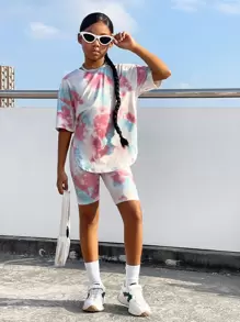 SHEIN Leap Crew Tween Girl Tie Dye Drop Shoulder Tee & Biker Shorts - Multicolor - View 4