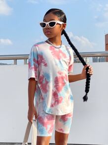 SHEIN Leap Crew Tween Girl Tie Dye Drop Shoulder Tee & Biker Shorts - Multicolor - View 5