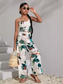 SHEIN Leap Crew Girls Tropical Print Cami Top & Wide Leg Trousers - Multicolor - View 2