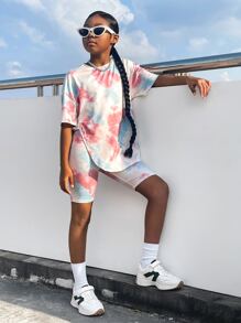 SHEIN Leap Crew Tween Girl Tie Dye Drop Shoulder Tee & Biker Shorts - Multicolor - View 6