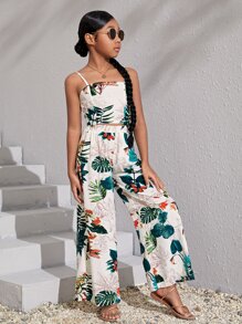 SHEIN Leap Crew Girls Tropical Print Cami Top & Wide Leg Trousers - Multicolor - View 3