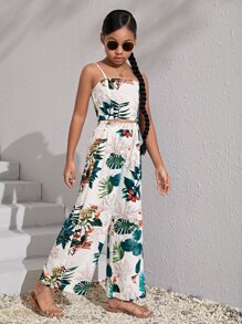 SHEIN Leap Crew Girls Tropical Print Cami Top & Wide Leg Trousers - Multicolor - View 4