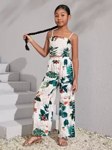 SHEIN Leap Crew Girls Tropical Print Cami Top & Wide Leg Trousers - Multicolor - View 5