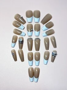 24 piezas Uña postiza larga ataúd con diseño de diamante de imitación & 1 hoja cinta & 1 pieza lima de uña - Multicolor - Ver 4