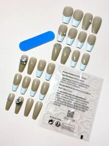 24 piezas Uña postiza larga ataúd con diseño de diamante de imitación & 1 hoja cinta & 1 pieza lima de uña - Multicolor - Ver 6