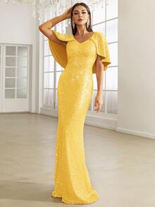 Missord 斗篷袖亮片魚尾裙下擺緊身正式洋裝 - 黃色 - 查看 4