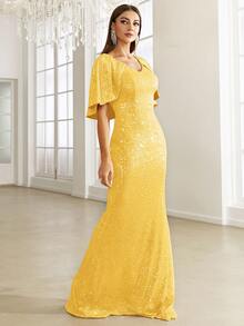 Missord 斗篷袖亮片魚尾裙下擺緊身正式洋裝 - 黃色 - 查看 6