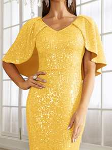 Missord 斗篷袖亮片魚尾裙下擺緊身正式洋裝 - 黃色 - 查看 7