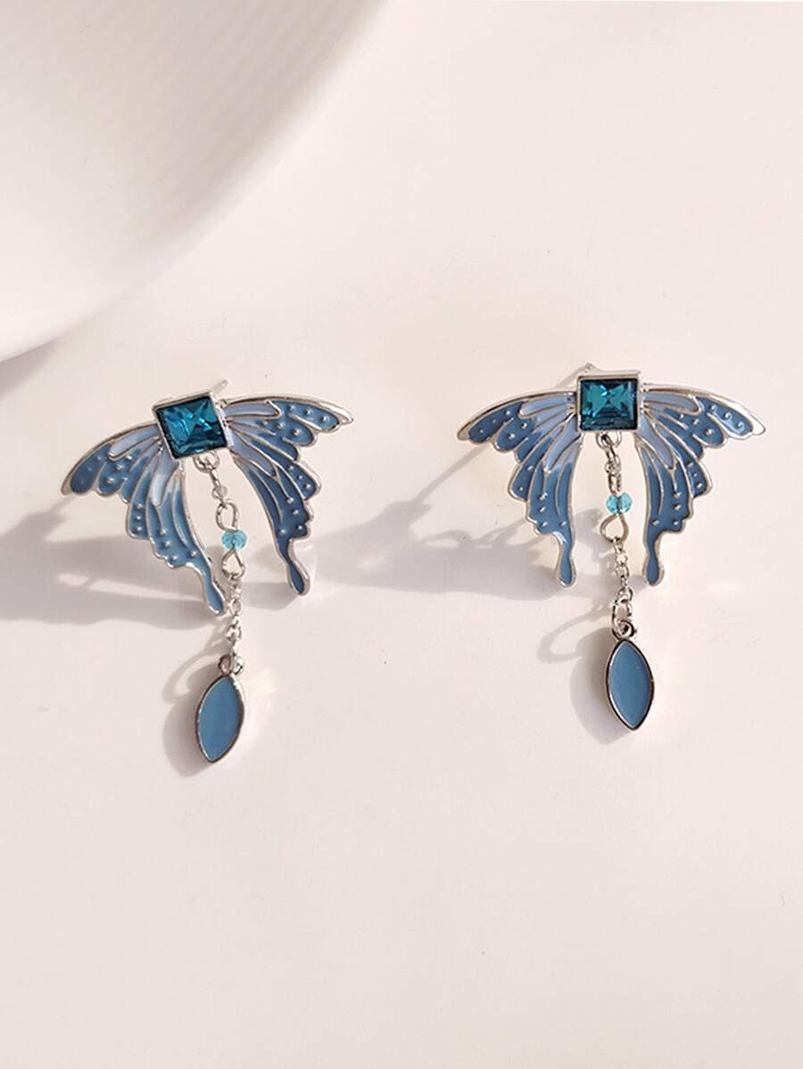 Rhinestone & Butterfly Decor Drop Earrings - Blue - View 1
