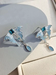 Rhinestone & Butterfly Decor Drop Earrings - Blue - View 2