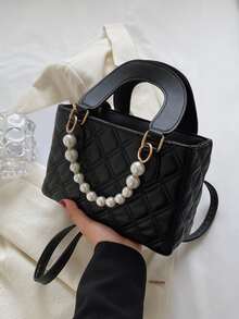 Faux Pearl Beaded Square Bag - Black - View 1