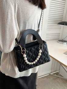Faux Pearl Beaded Square Bag - Black - View 5