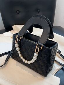 Faux Pearl Beaded Square Bag - Black - View 8
