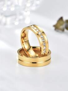 2入組時尚不鏽鋼精確雕刻人造鋯石情侶結婚戒指 - 金黃色 - 查看 2