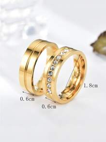 2入組時尚不鏽鋼精確雕刻人造鋯石情侶結婚戒指 - 金黃色 - 查看 3