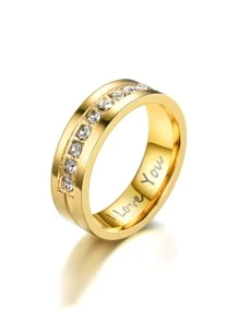 1pc Fashionable Stainless Steel Ring With 9 Simulated Diamonds - Yellow Gold - View 1