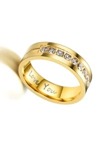 1pc Fashionable Stainless Steel Ring With 9 Simulated Diamonds - Yellow Gold - View 2