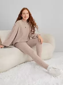 SHEIN Teen Girls Mock Neck Drop Shoulder Tee & Leggings - Apricot - View 1