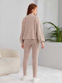 SHEIN Teen Girls Mock Neck Drop Shoulder Tee & Leggings - Apricot - View 2