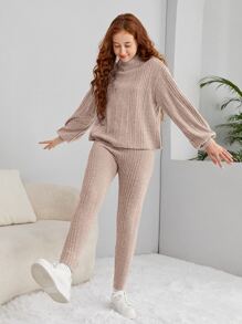 SHEIN Teen Girls Mock Neck Drop Shoulder Tee & Leggings - Apricot - View 3