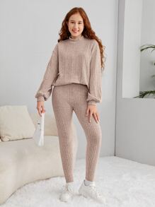 SHEIN Teen Girls Mock Neck Drop Shoulder Tee & Leggings - Apricot - View 4