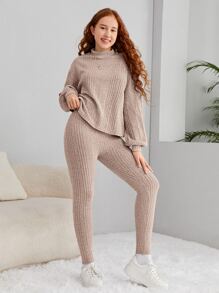 SHEIN Teen Girls Mock Neck Drop Shoulder Tee & Leggings - Apricot - View 5