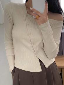 DAZY Áo thun nữ Gân đan Nút phía trước màu trơn Giải trí - Màu be - Xem 5