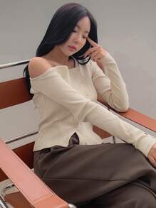 DAZY Áo thun nữ Gân đan Nút phía trước màu trơn Giải trí - Màu be - Xem 7