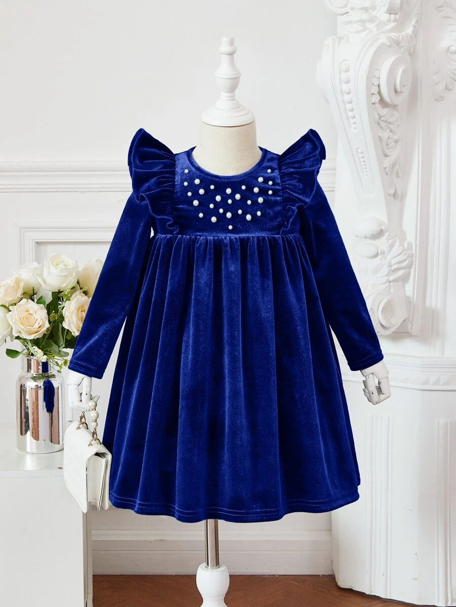 SHEIN Toddler Girls Pearls Beaded Ruffle Trim Velvet Dress - Blue - View 1