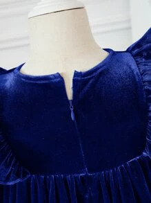 SHEIN Toddler Girls Pearls Beaded Ruffle Trim Velvet Dress - Blue - View 3