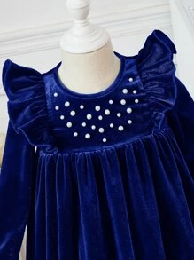 SHEIN Toddler Girls Pearls Beaded Ruffle Trim Velvet Dress - Blue - View 4