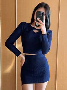 DAZY 纯色罗纹针织短款毛衣和针织裙秋冬 - 寶藍色 - 查看 5