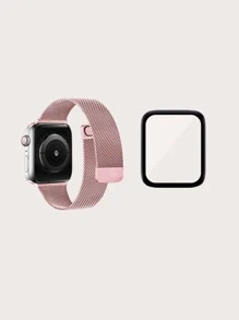Stainless Steel Watchband & Screen Protector Compatible With Apple Watch - Pink - View 2