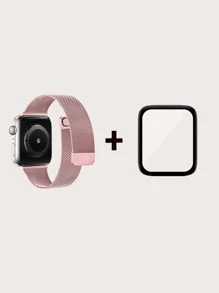 Stainless Steel Watchband & Screen Protector Compatible With Apple Watch - Pink - View 3