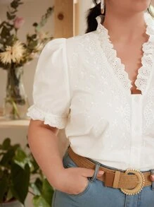 SHEIN Frenchy Plus Eyelet Embroidery Puff Sleeve Blouse - White - View 5