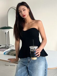 DAZY 纯色筒状针织上衣，荷叶边 - 黑色 - 查看 9