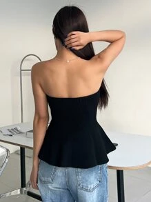 DAZY 纯色筒状针织上衣，荷叶边 - 黑色 - 查看 2