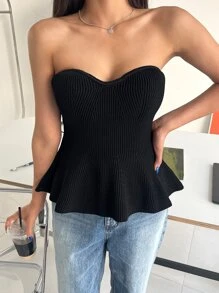 DAZY 纯色筒状针织上衣，荷叶边 - 黑色 - 查看 3