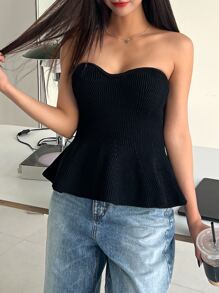 DAZY 纯色筒状针织上衣，荷叶边 - 黑色 - 查看 5