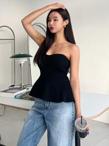 DAZY 纯色筒状针织上衣，荷叶边 - 黑色 - 查看 6