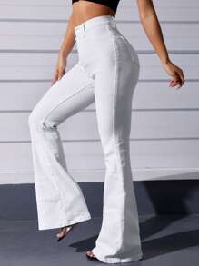 SHEIN EZwear White Casual Curvy High Waist Flare Leg Jeans