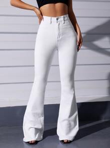 SHEIN EZwear White Casual Curvy High Waist Flare Leg Jeans